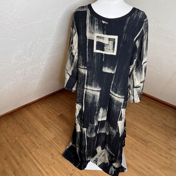 Lyng Designs Dress Womens L Black Tan Abstract Square Neck Lagenlook Oversize - Picture 11 of 12